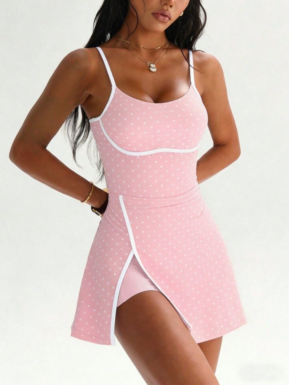 Pink Polka Dot Women's Golf Dress Spaghetti Straps Contrast Waistband Shorts - Picture 5 of 6